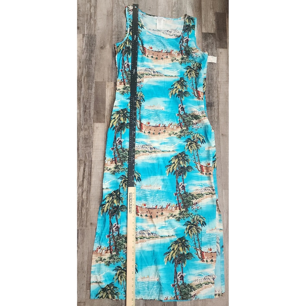 Karen Kane Maxi Dress Womens Medium Blue Tropical Hawaiian Beach Scene Rayon - Picture 5 of 7